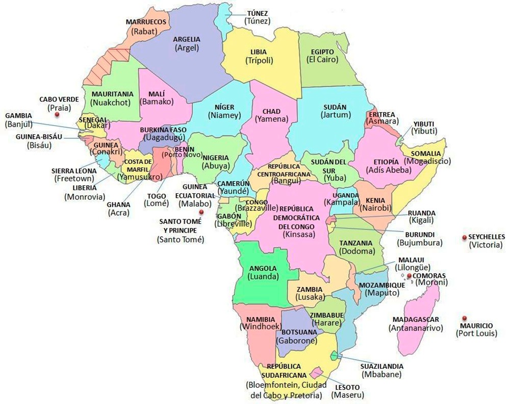 mapa de Africa con paises y capitales