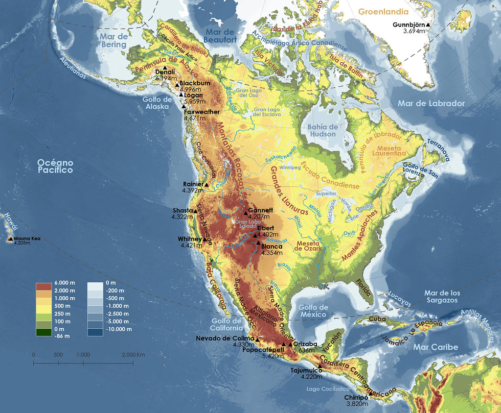 mapa America del norte fisico