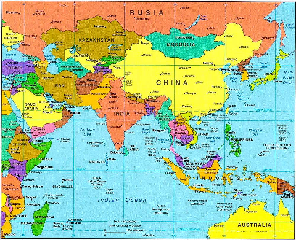 Mapa De Asia Político Y Físico Mudo Y Con Nombres Países