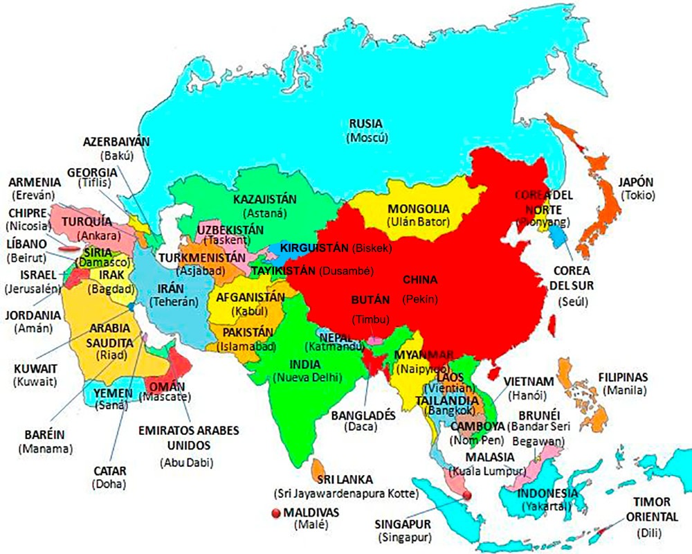 mapa de Asia con paises y capitales