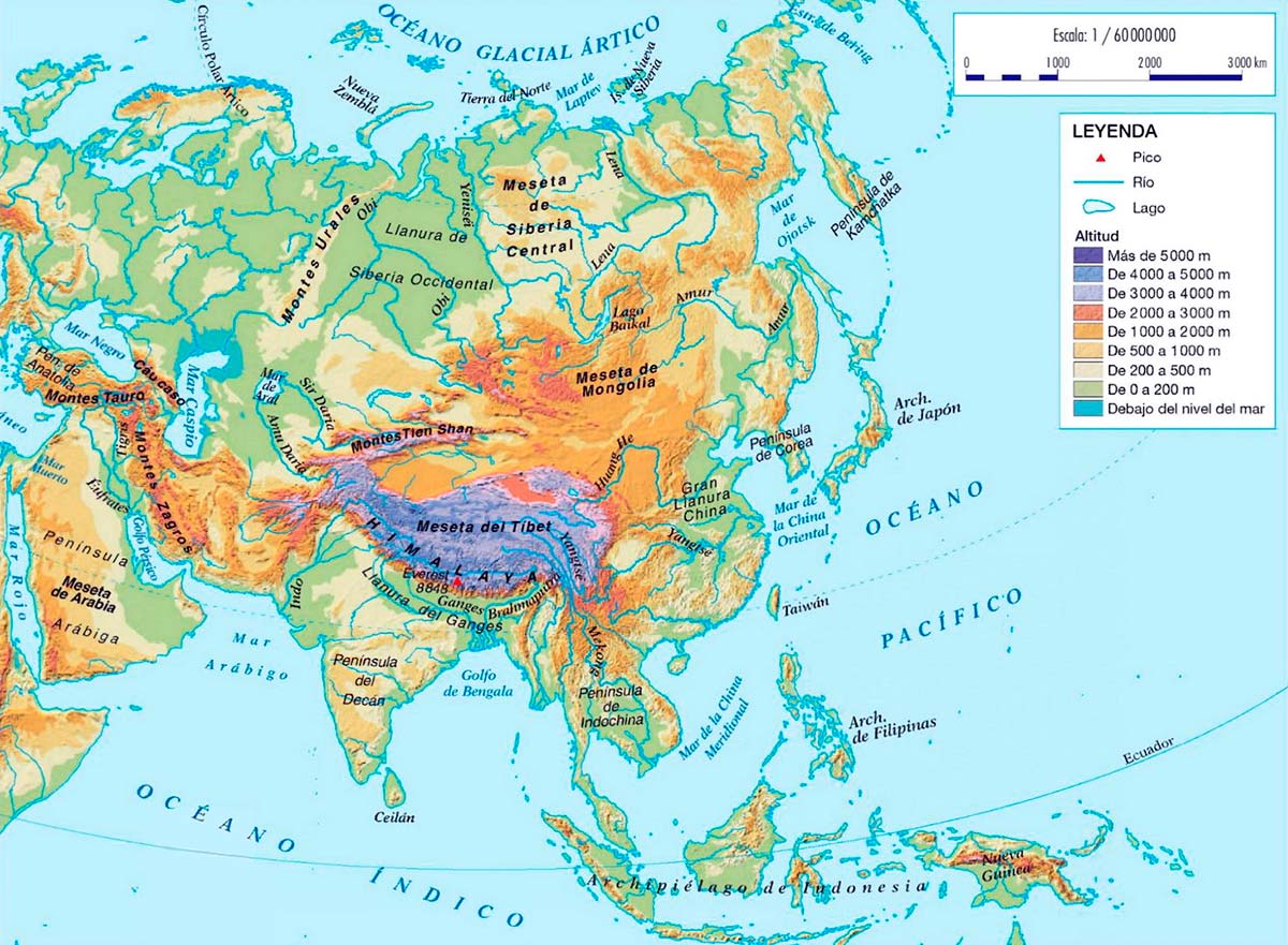 mapa fisico de Asia con nombres