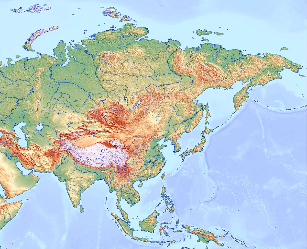 mapa fisico de Asia mudo