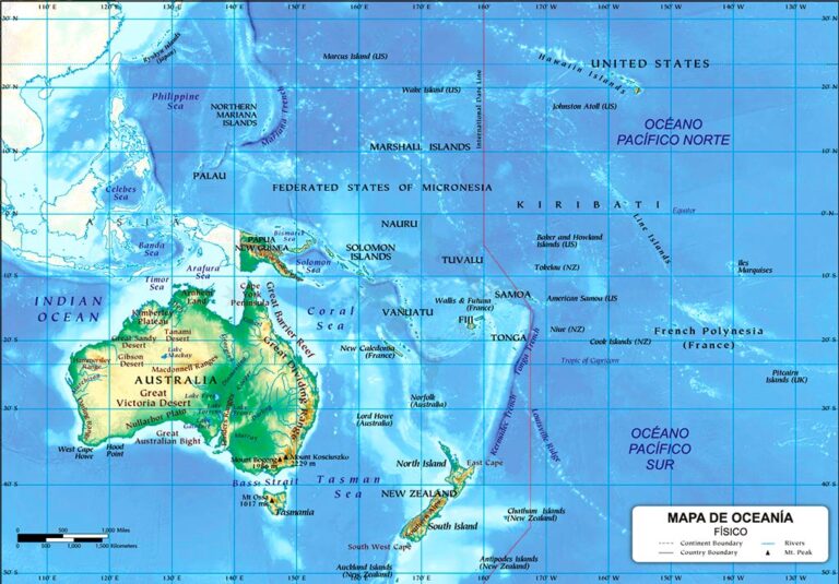 Mapa de Oceanía: Político y Físico (Mudo y Relleno) + Países