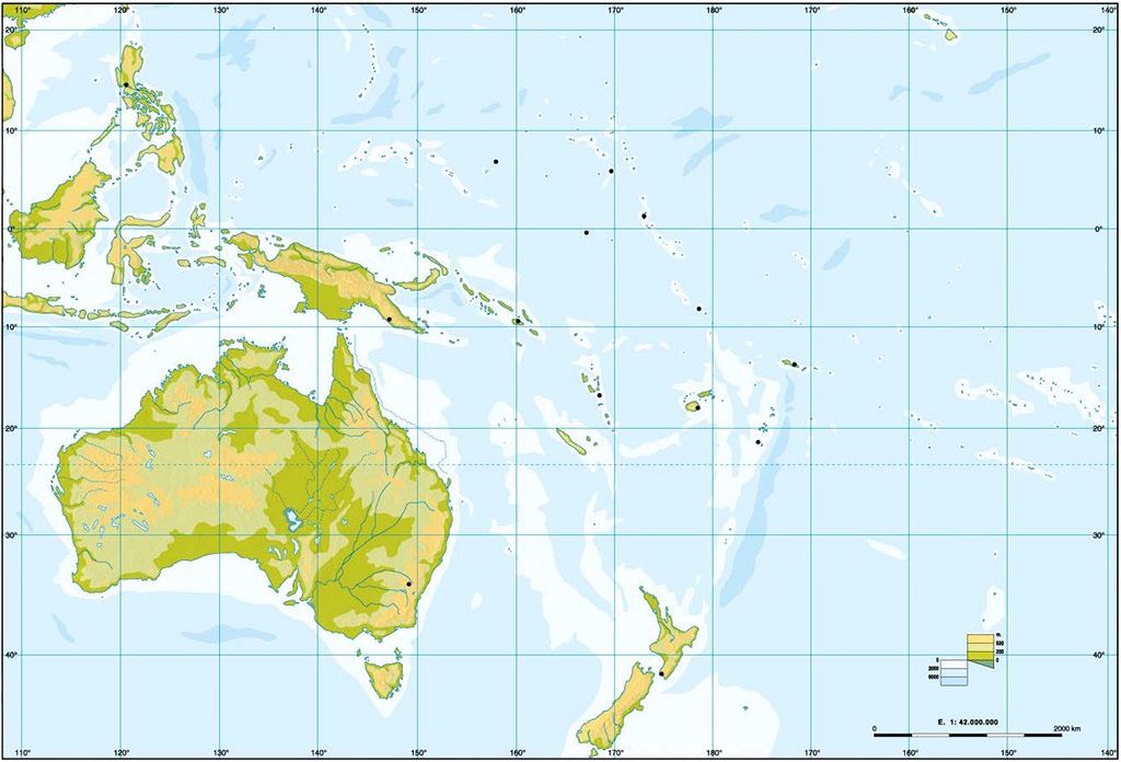 mapa fisico de Oceania mudo