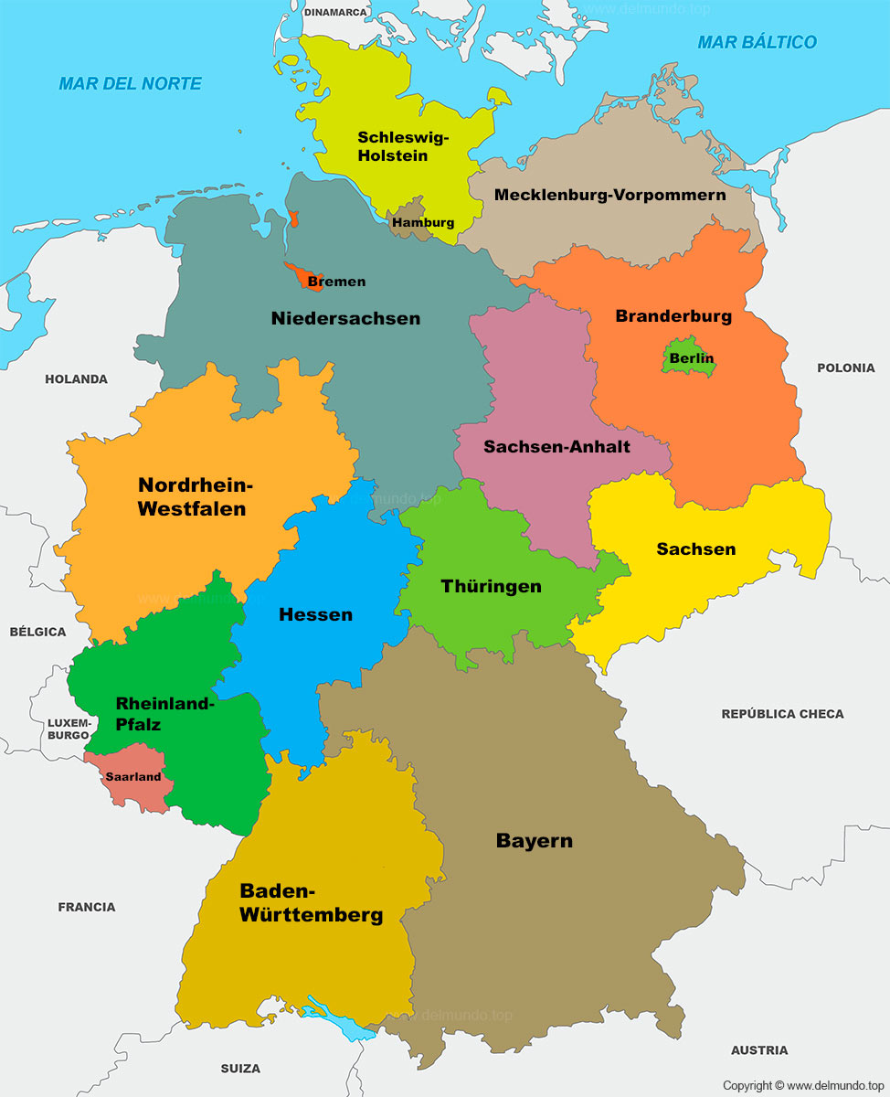 mapa de Alemania por regiones con el nombre de los estados federados