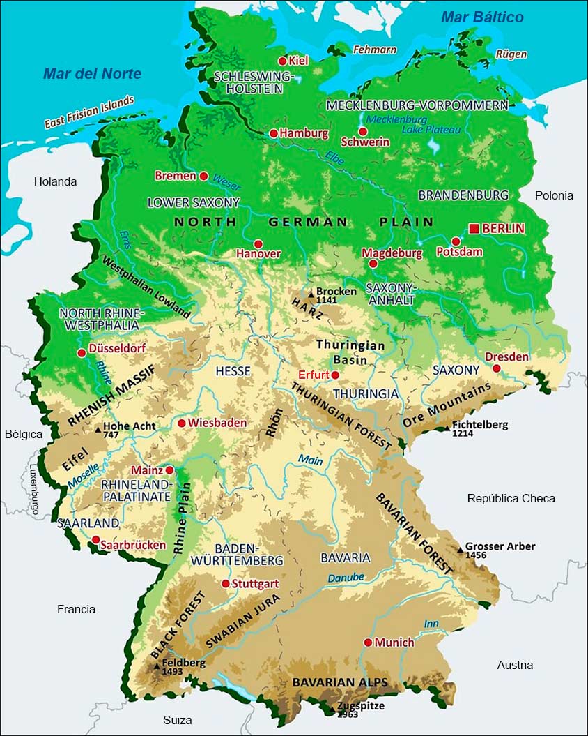 mapa de Alemania físico