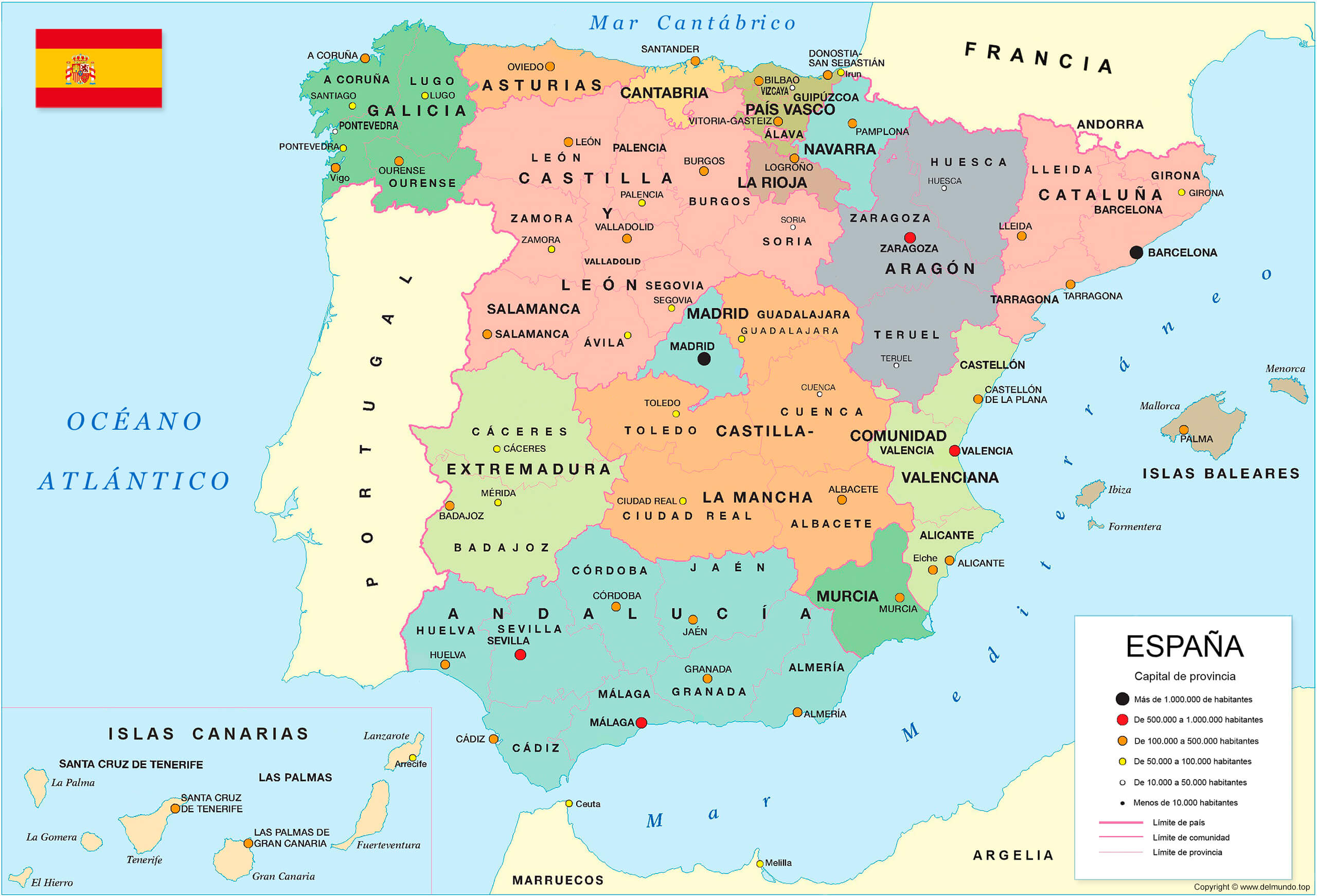 Mapa político de España: Comunidades, capitales y provincias