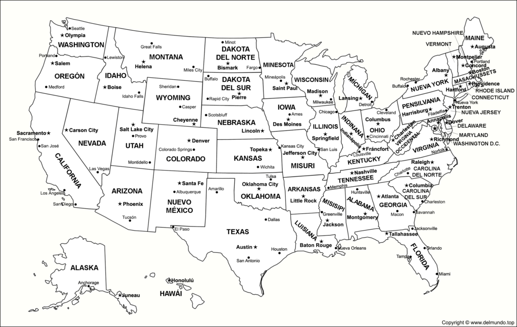 Mapa de Estados Unidos con nombres para imprimir