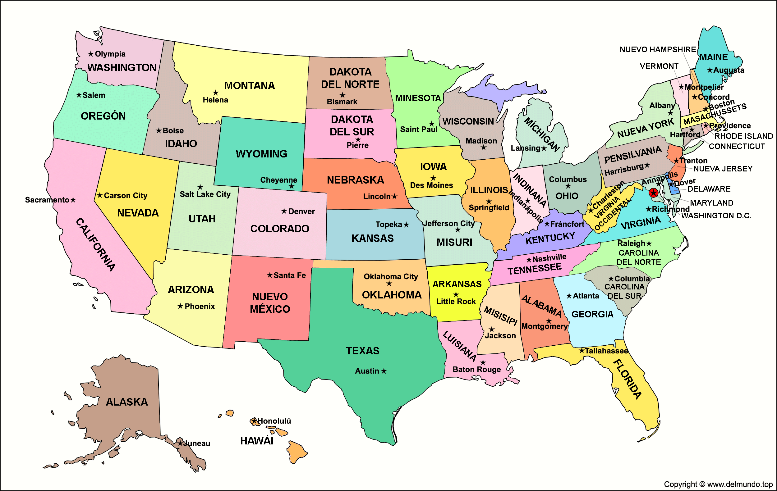 Mapa de Estados Unidos por estados y capitales