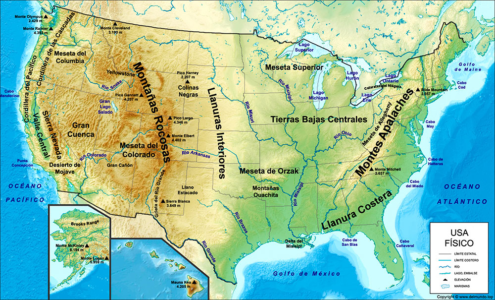 Mapa físico de Estados Unidos con ríos y montañas