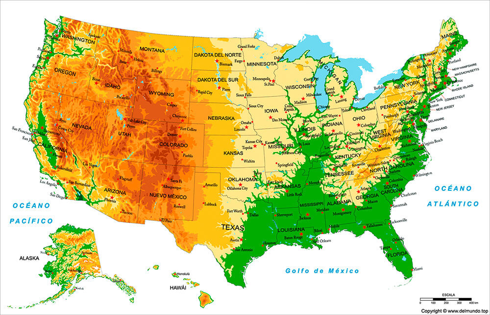 Mapa físico de Estados Unidos