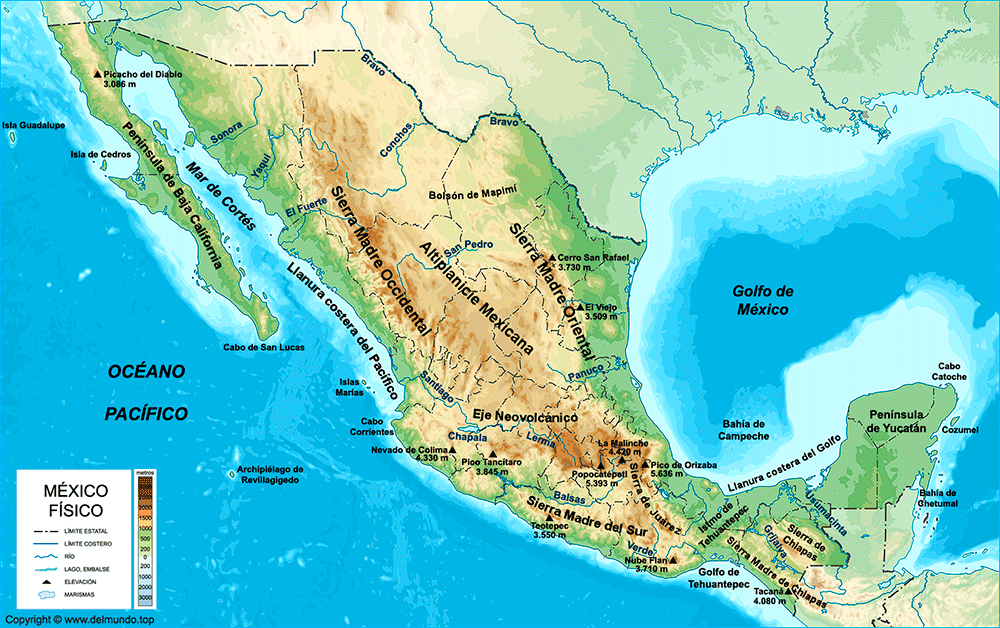 Mapa fÃ­sico de MÃ©xico - Fuente: https://www.delmundo.top/