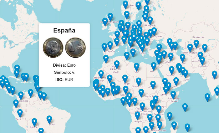 Mapa con todas las monedas del mundo