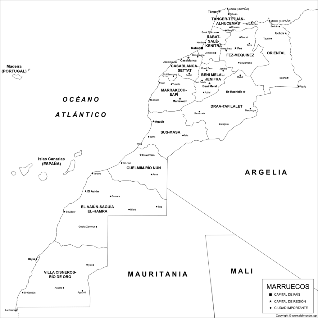 Mapa de Marruecos para imprimir en blanco y negro