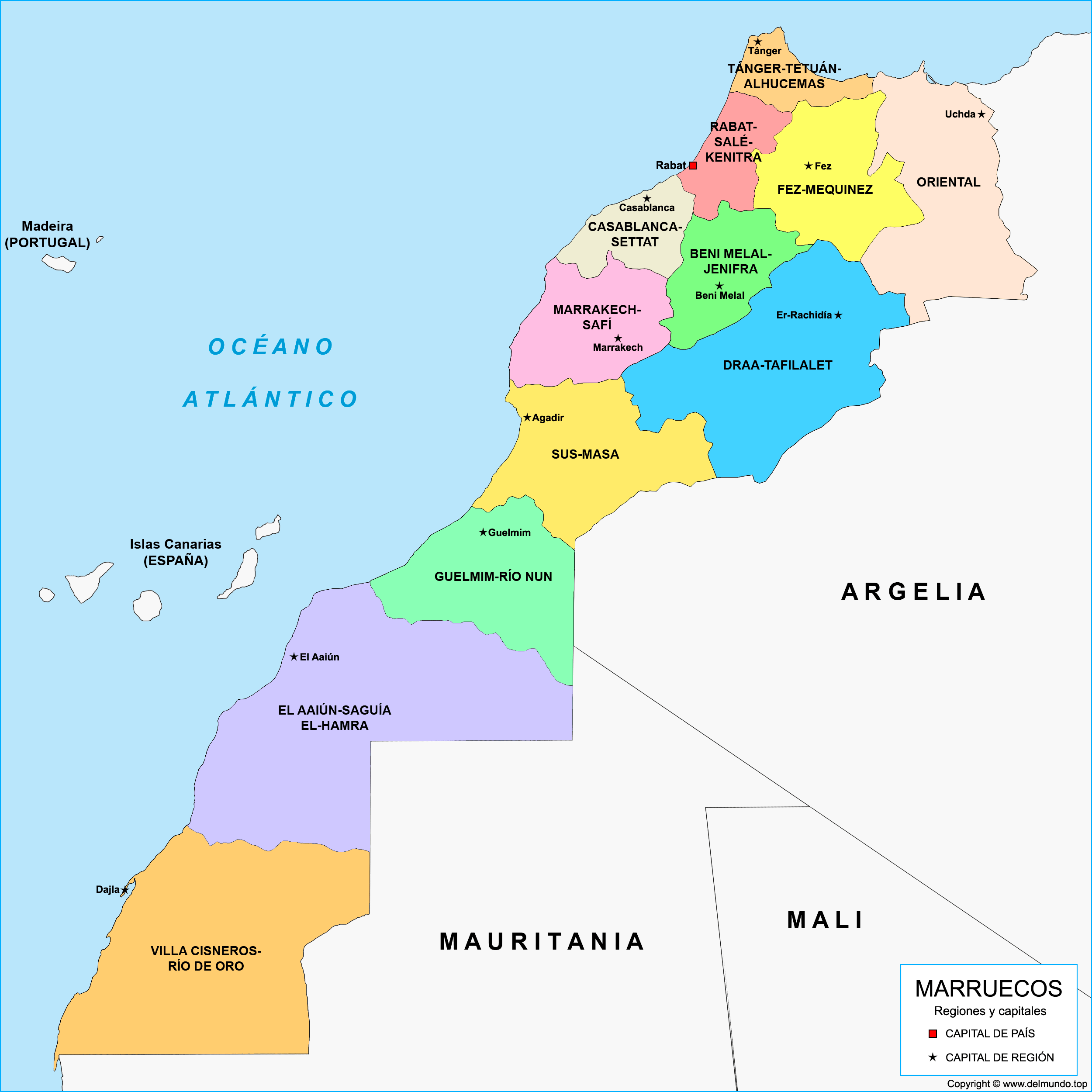 Mapa de Marruecos con sus regiones y capitales