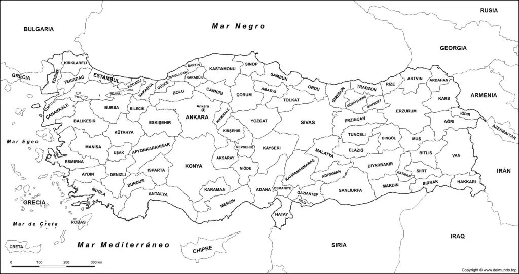 Mapa de Turquía con nombres y sus límites en español