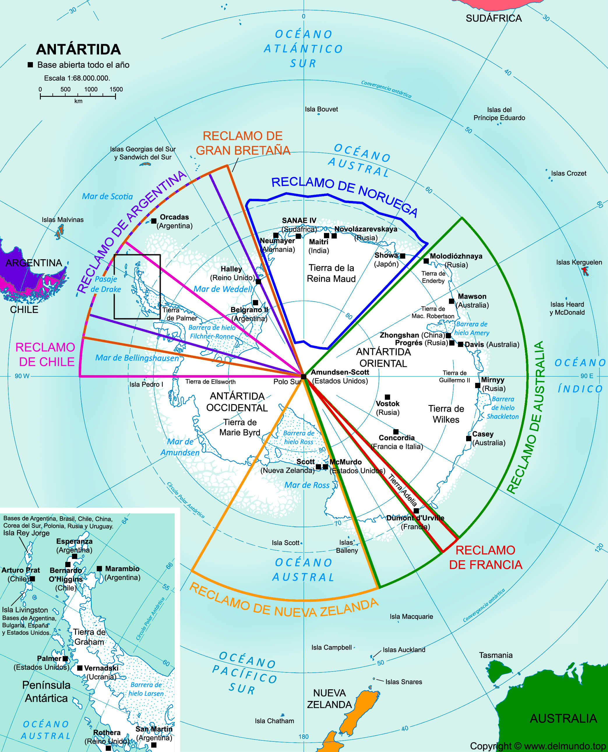 Mapa De La Ant rtida Pol tico F sico Mudo Bases Y Temperatura