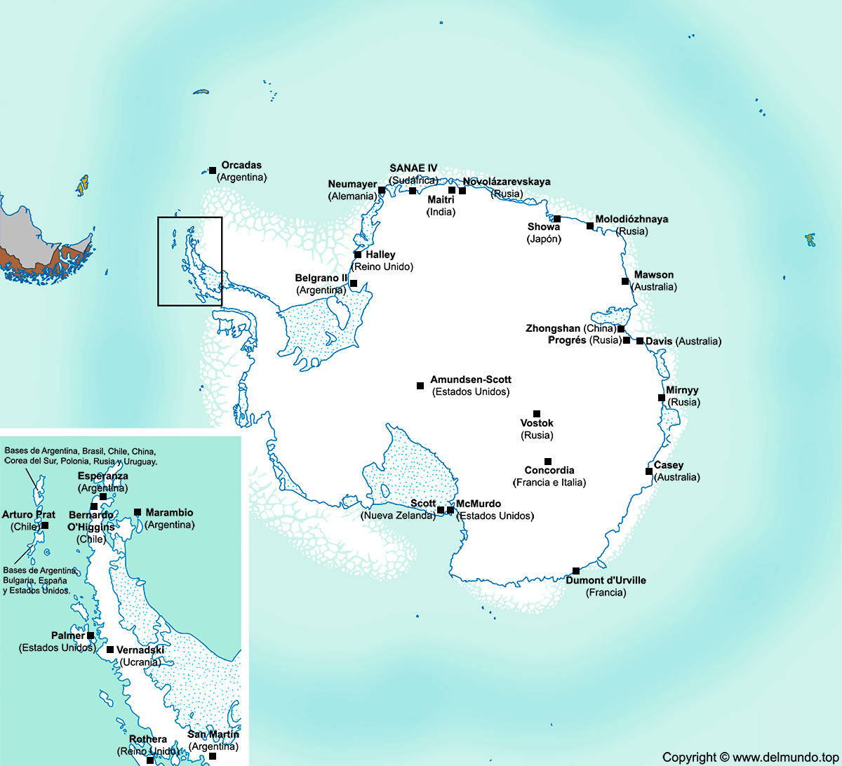 Mapa de las bases en la Antártida