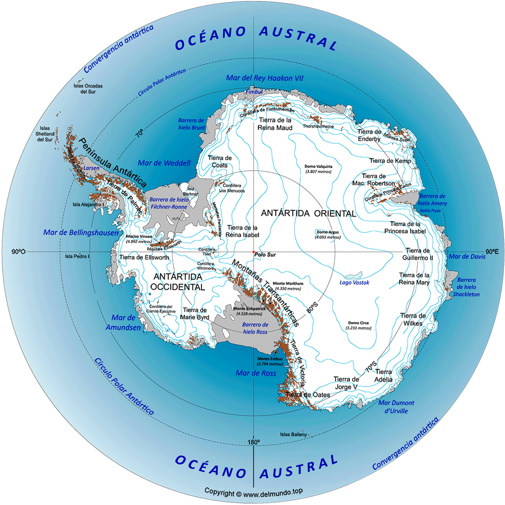 Mapa físico de la Antártida
