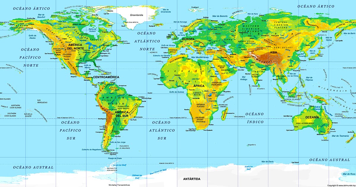 Mapamundi físico con nombres