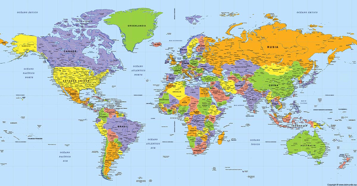 Mapamundi político con nombres de países en español