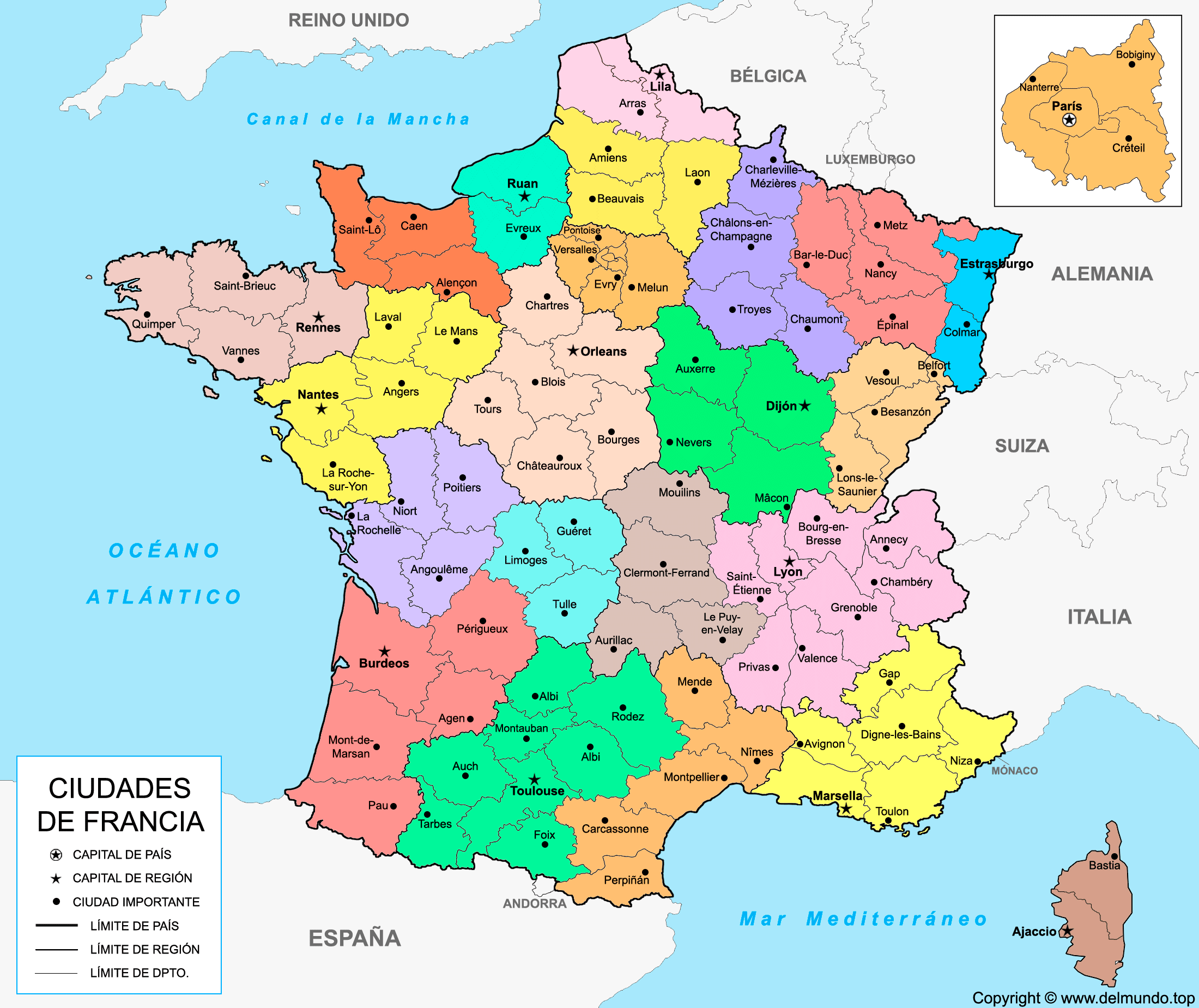 Mapa de las ciudades de Francia