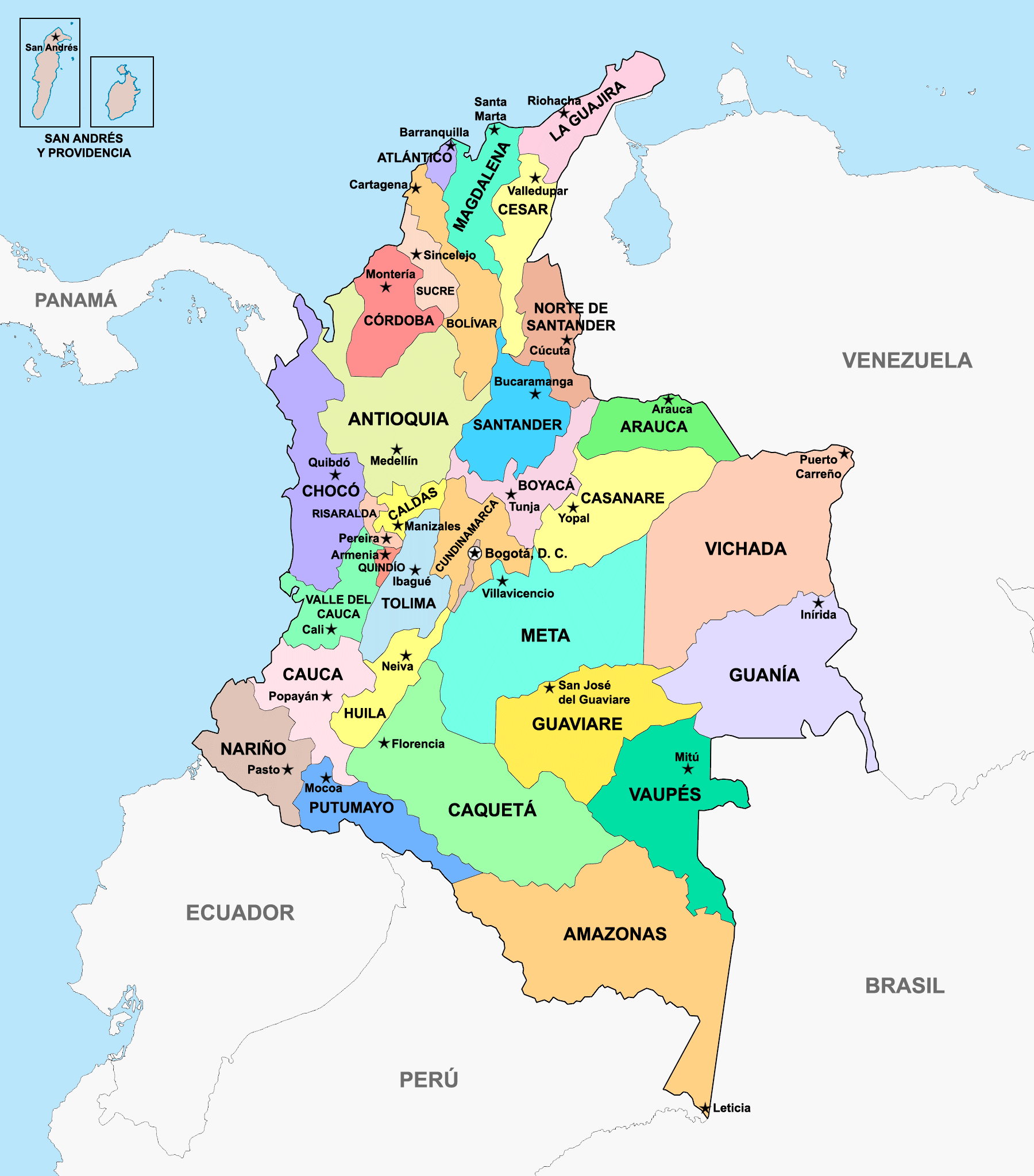 Mapa de Colombia con sus departamentos y capitales