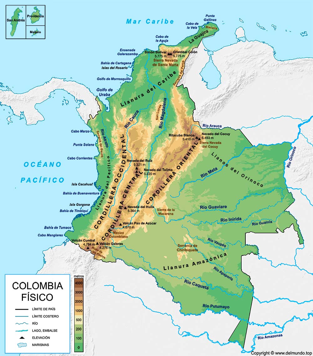Mapa físico de Colombia con sus cordilleras, ríos, llanuras, nevados, volcanes e islas