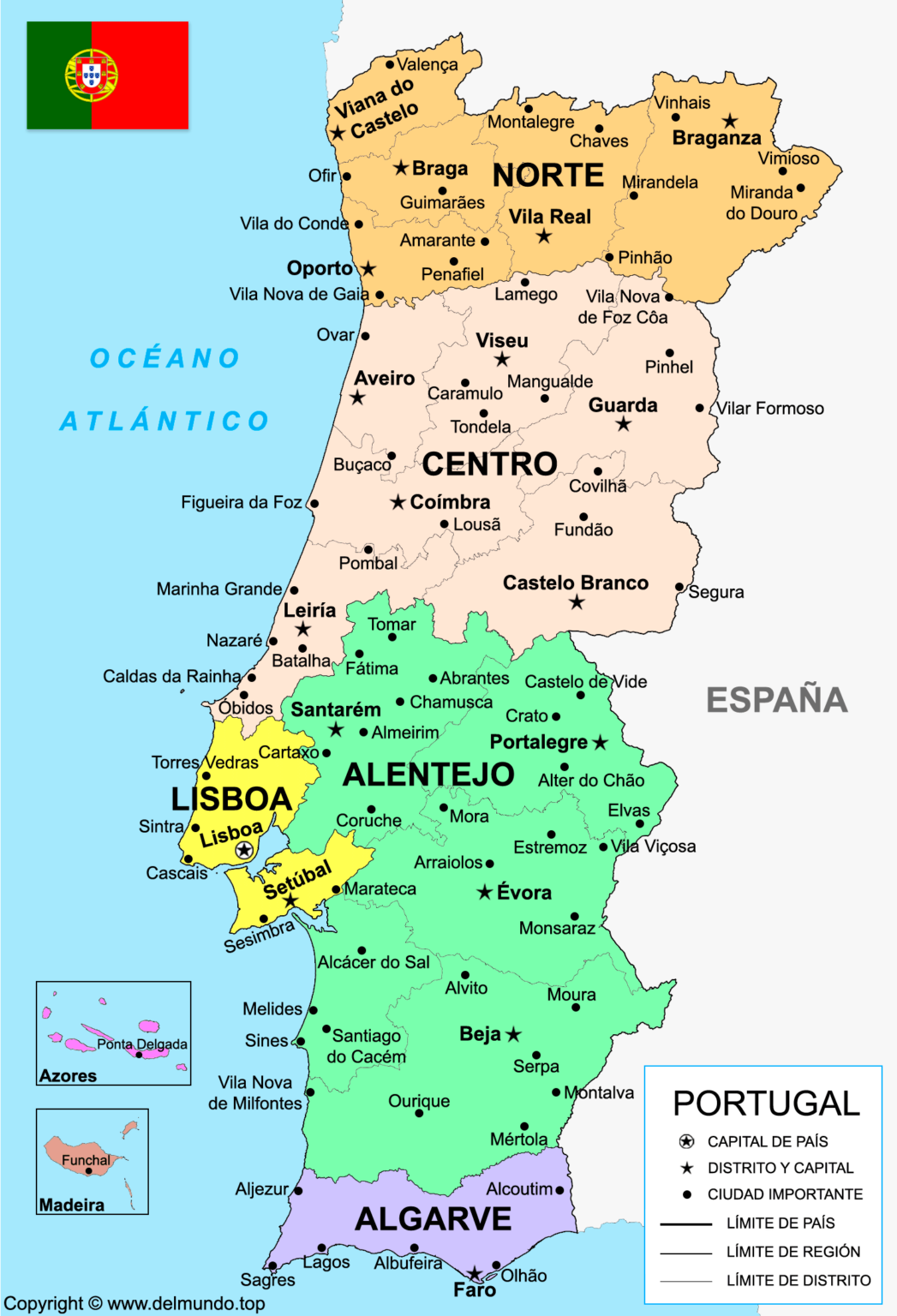 Mapa de Portugal Turístico, Ciudades, Político e Interactivo