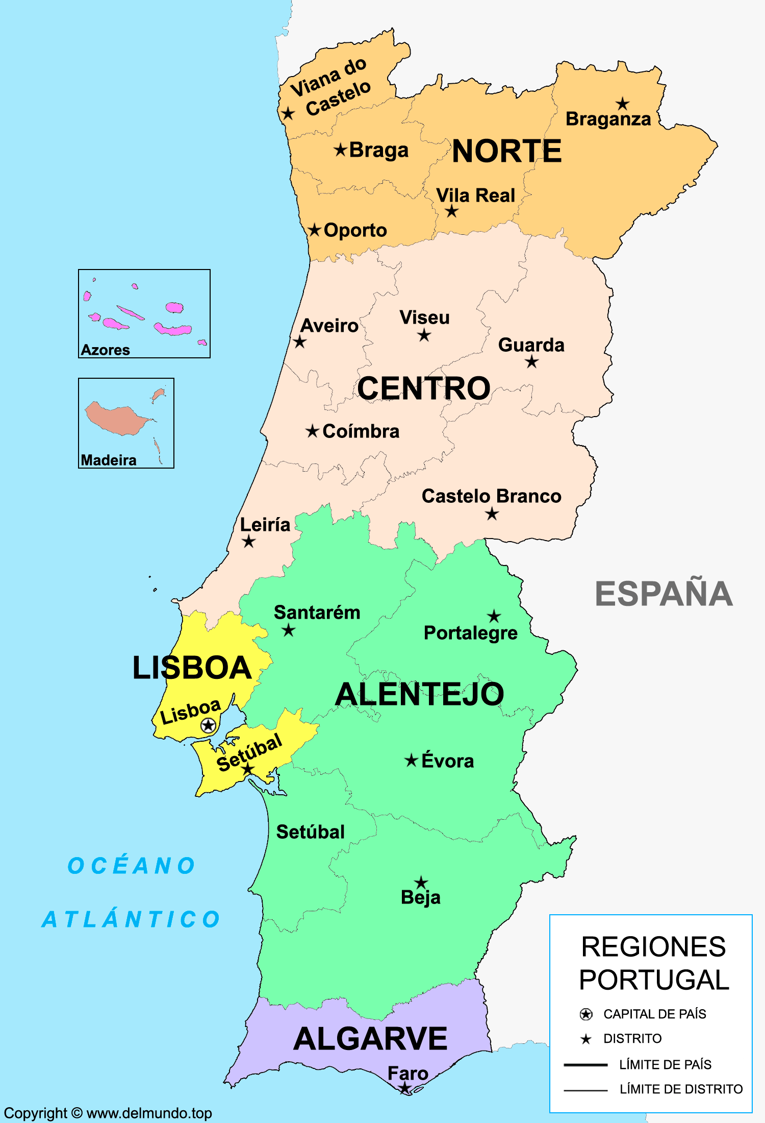 Mapa de las regiones de Portugal