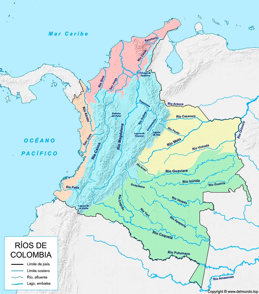 Mapa hidrográfico de Colombia con sus principales ríos, lagunas y embalses