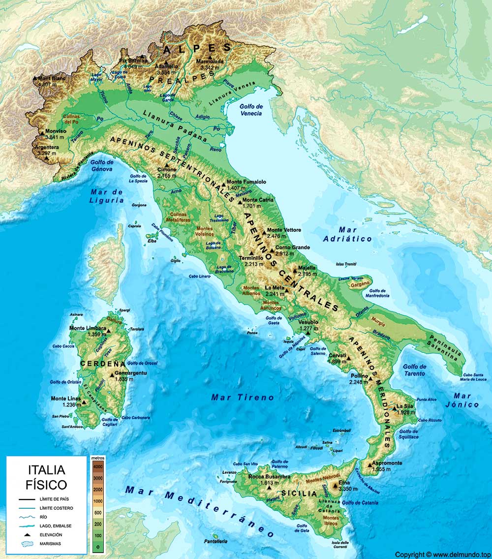 Mapa físico de Italia