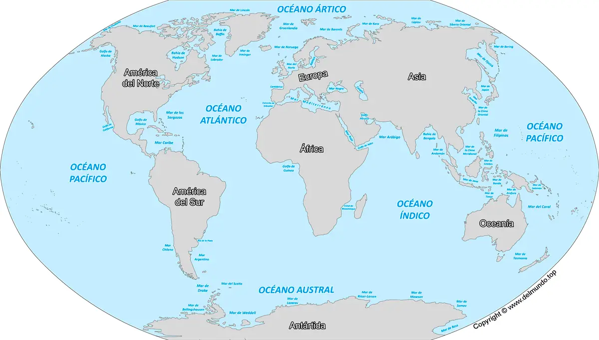 Mapa completo de los mares del mundo, identificando cada mar importante por su nombre y ubicación geográfica