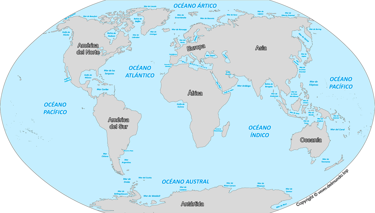 Mapa completo de los mares del mundo, identificando cada mar importante por su nombre y ubicación geográfica